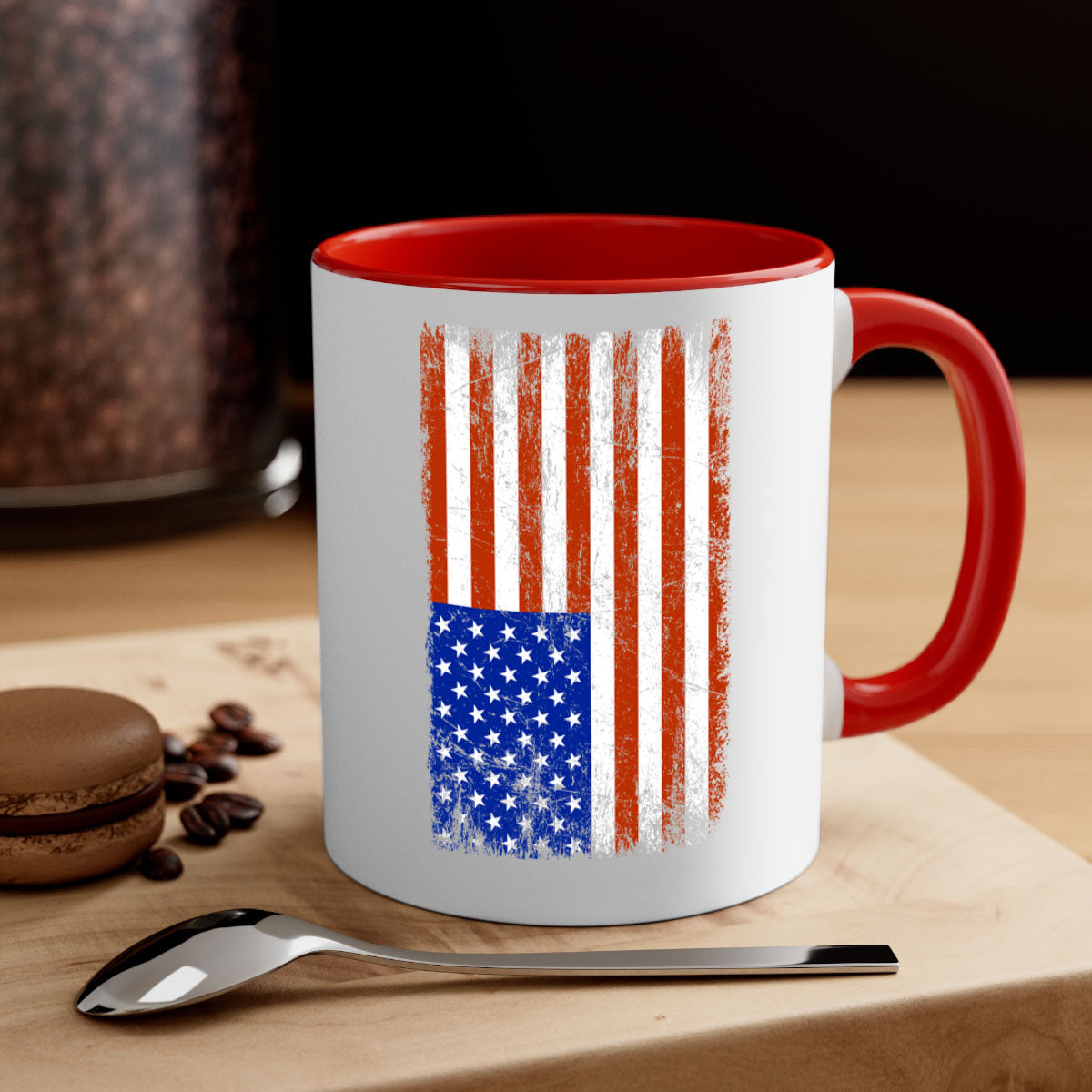 Grunge Flag 52# Mug featuring a glossy finish, colored handle, and interior, available in multiple colors and sizes.