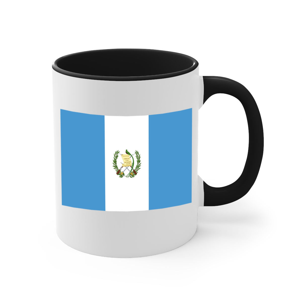 Guatemala 129# Mug featuring a glossy finish and colorful handle, available in multiple sizes.