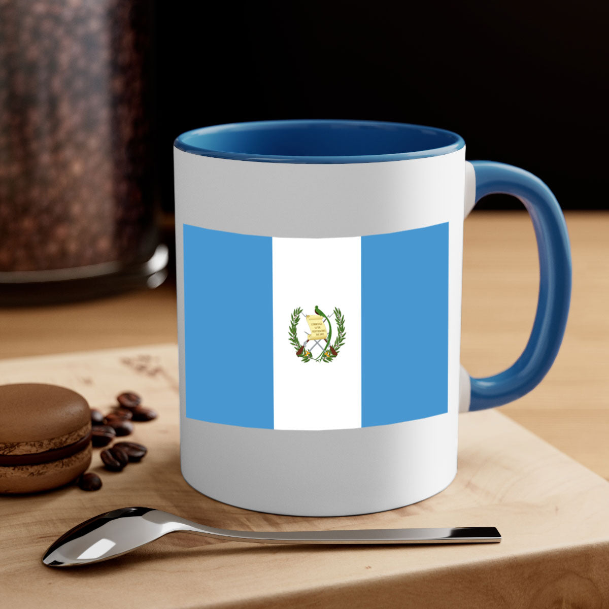 Guatemala 129# Mug featuring a glossy finish and colorful handle, available in multiple sizes.