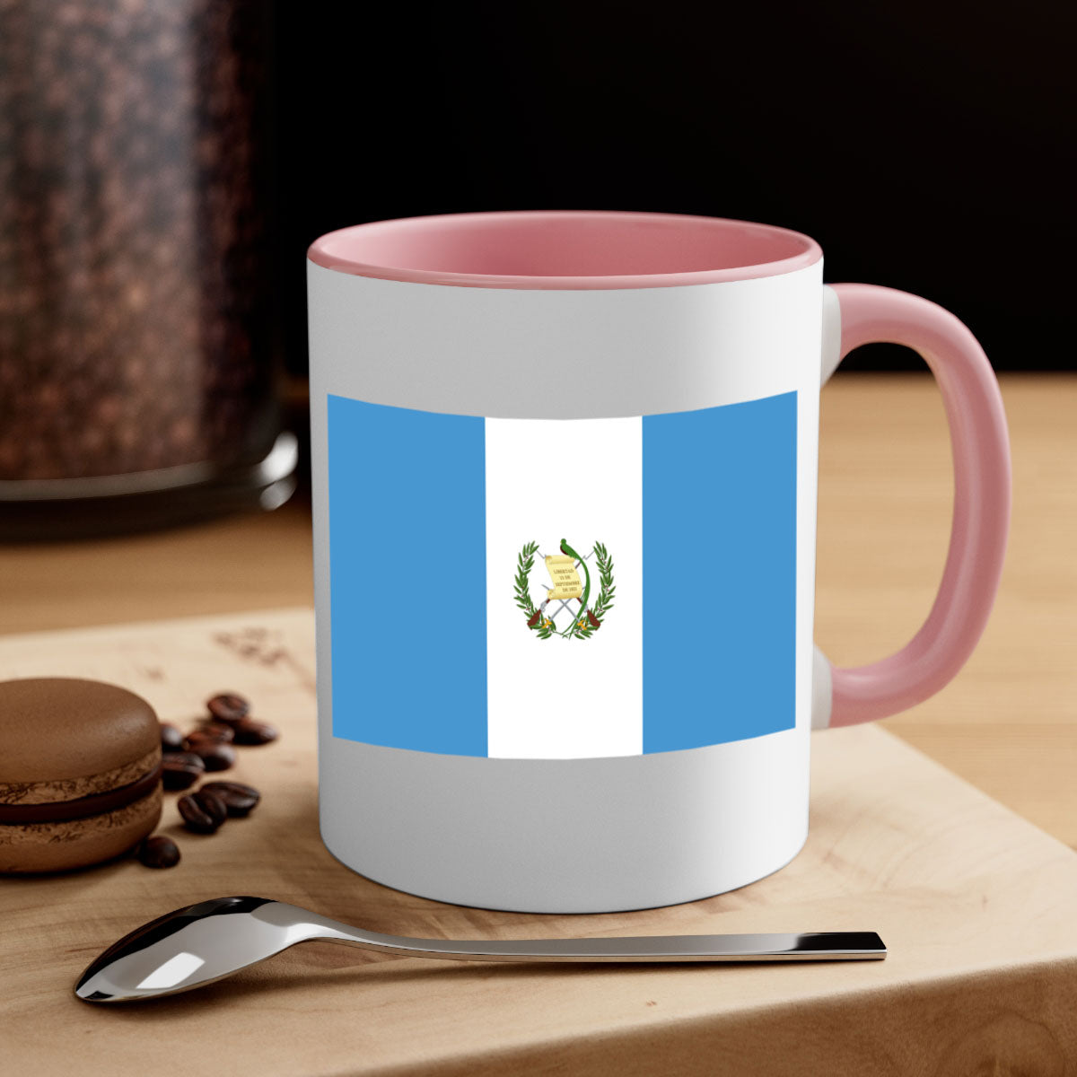 Guatemala 129# Mug featuring a glossy finish and colorful handle, available in multiple sizes.