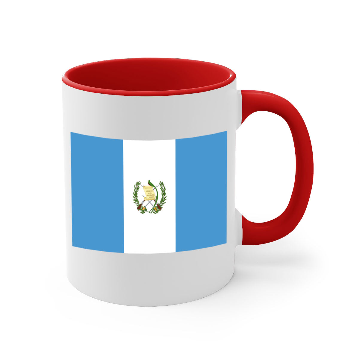 Guatemala 129# Mug featuring a glossy finish and colorful handle, available in multiple sizes.