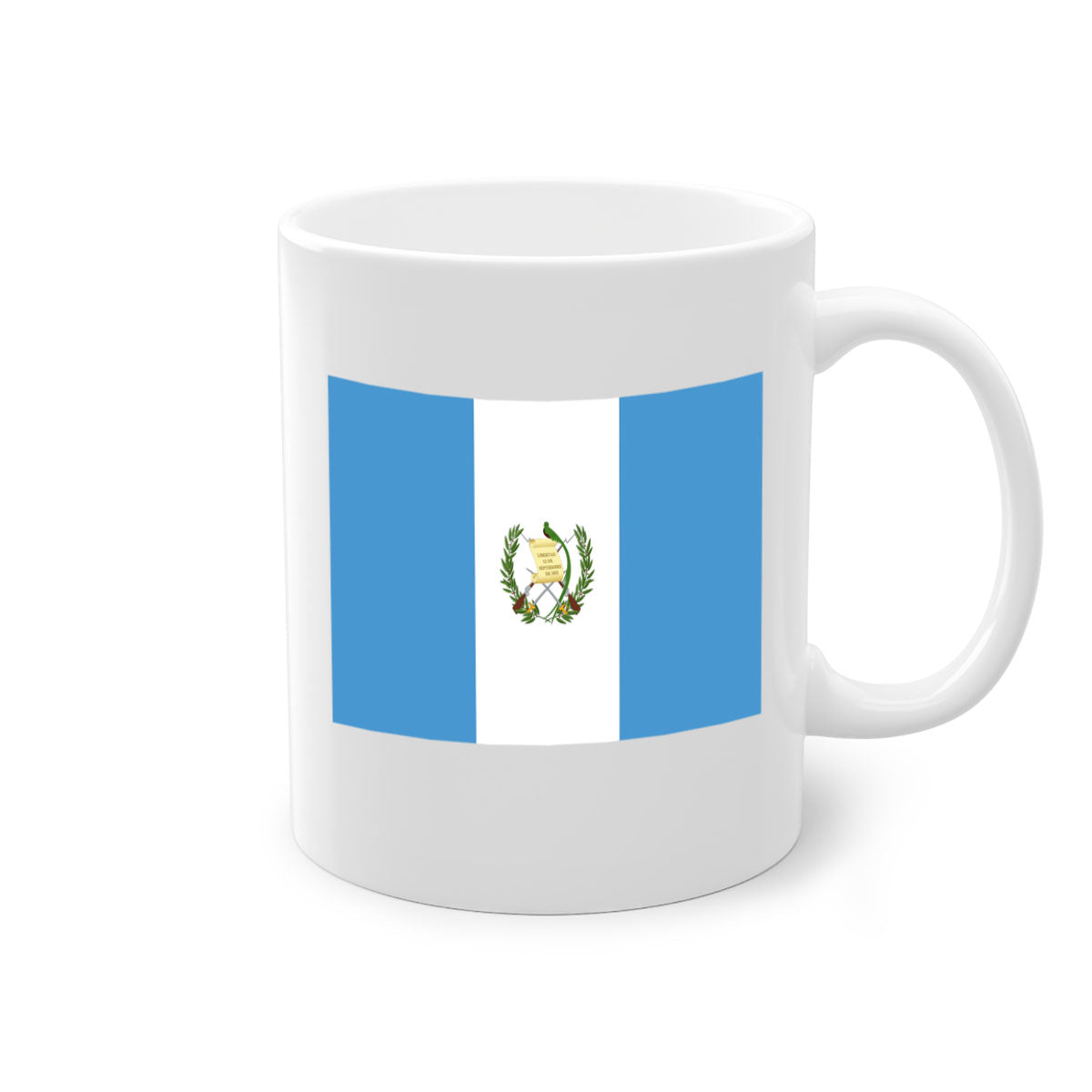 Guatemala 129# Mug featuring a glossy finish and colorful handle, available in multiple sizes.