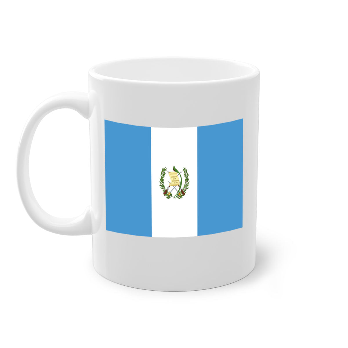 Guatemala 129# Mug featuring a glossy finish and colorful handle, available in multiple sizes.