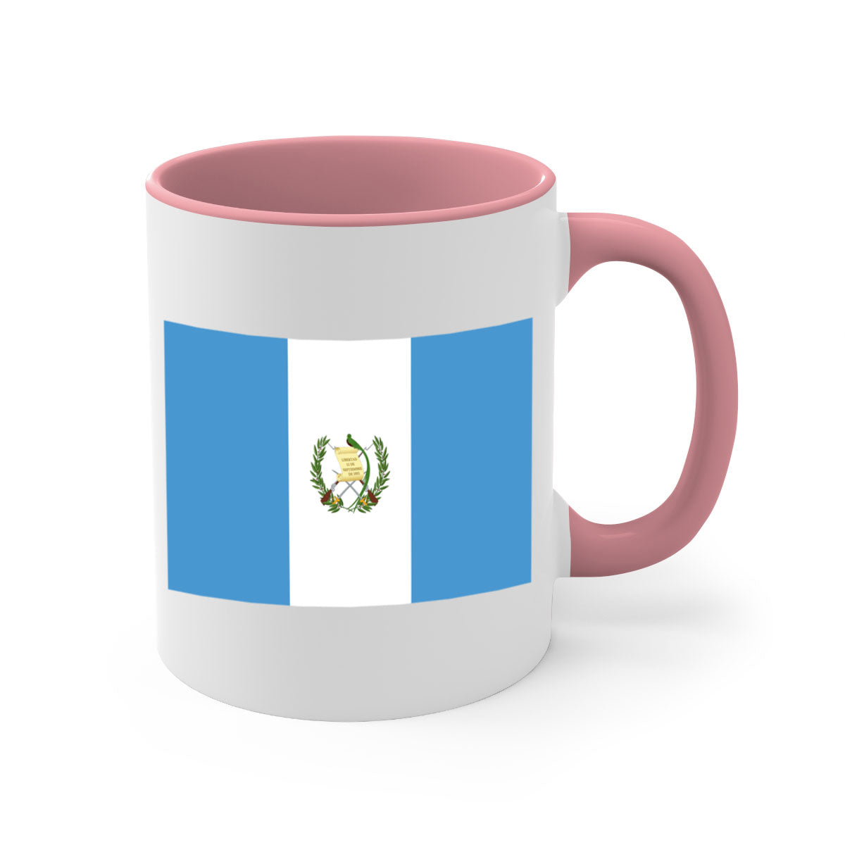 Guatemala 129# Mug featuring a glossy finish and colorful handle, available in multiple sizes.