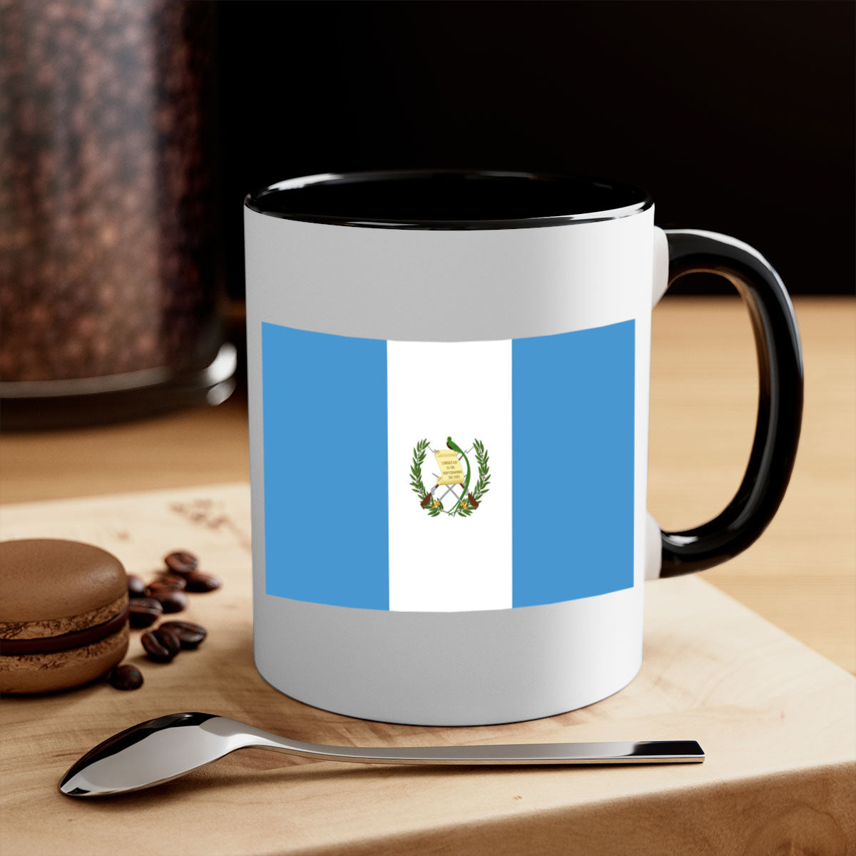 Guatemala 129# Mug featuring a glossy finish and colorful handle, available in multiple sizes.