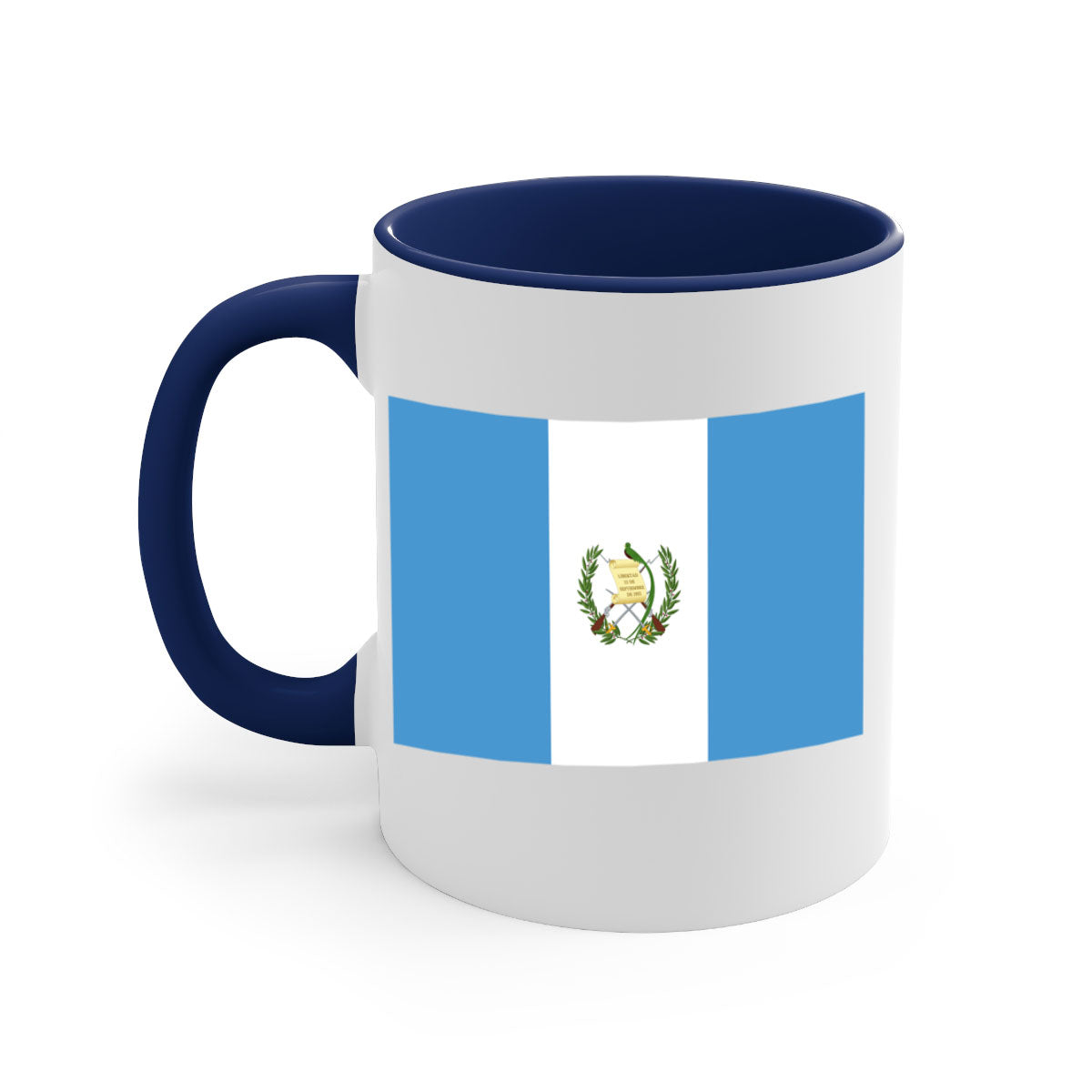 Guatemala 129# Mug featuring a glossy finish and colorful handle, available in multiple sizes.