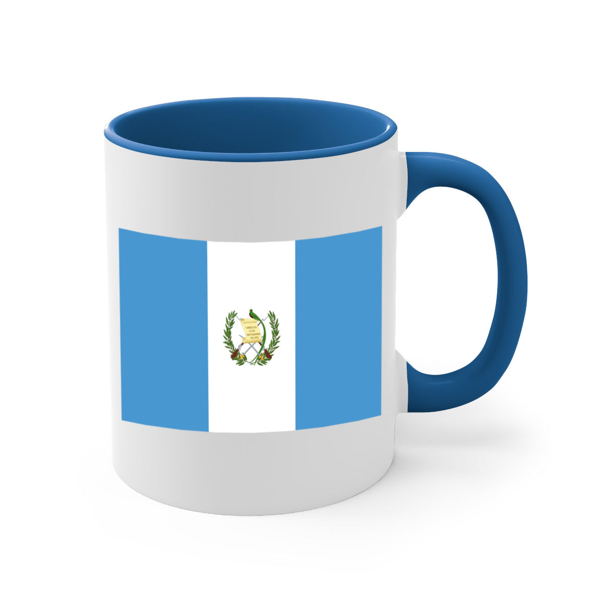 Guatemala 129# Mug featuring a glossy finish and colorful handle, available in multiple sizes.