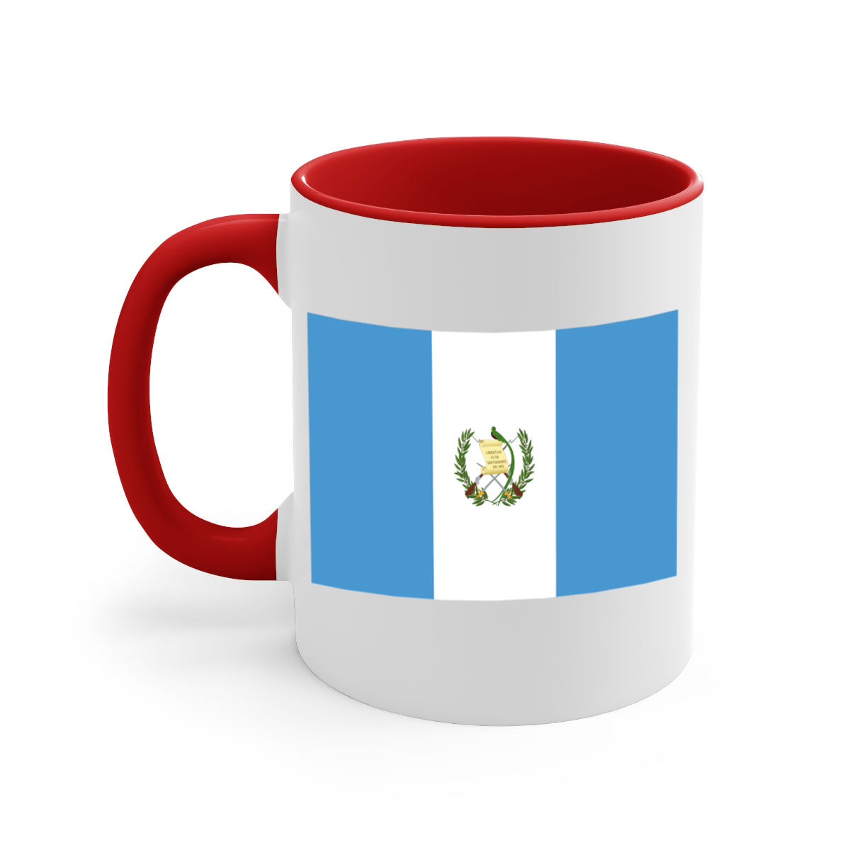 Guatemala 129# Mug featuring a glossy finish and colorful handle, available in multiple sizes.
