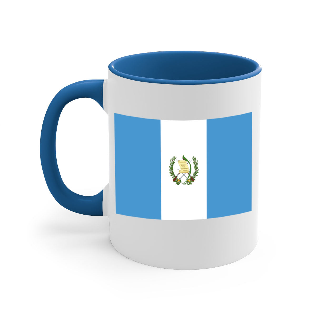 Guatemala 129# Mug featuring a glossy finish and colorful handle, available in multiple sizes.