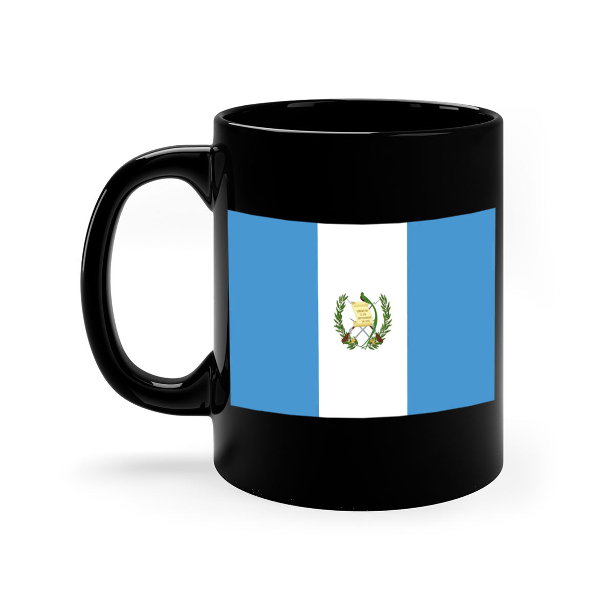 Guatemala 129# Mug featuring a glossy finish and colorful handle, available in multiple sizes.