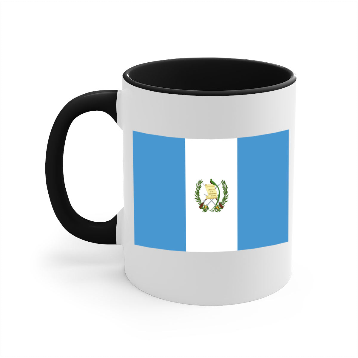 Guatemala 129# Mug featuring a glossy finish and colorful handle, available in multiple sizes.