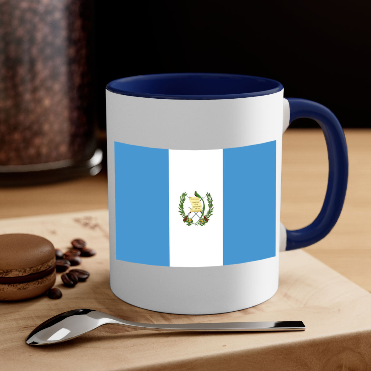 Guatemala 129# Mug featuring a glossy finish and colorful handle, available in multiple sizes.