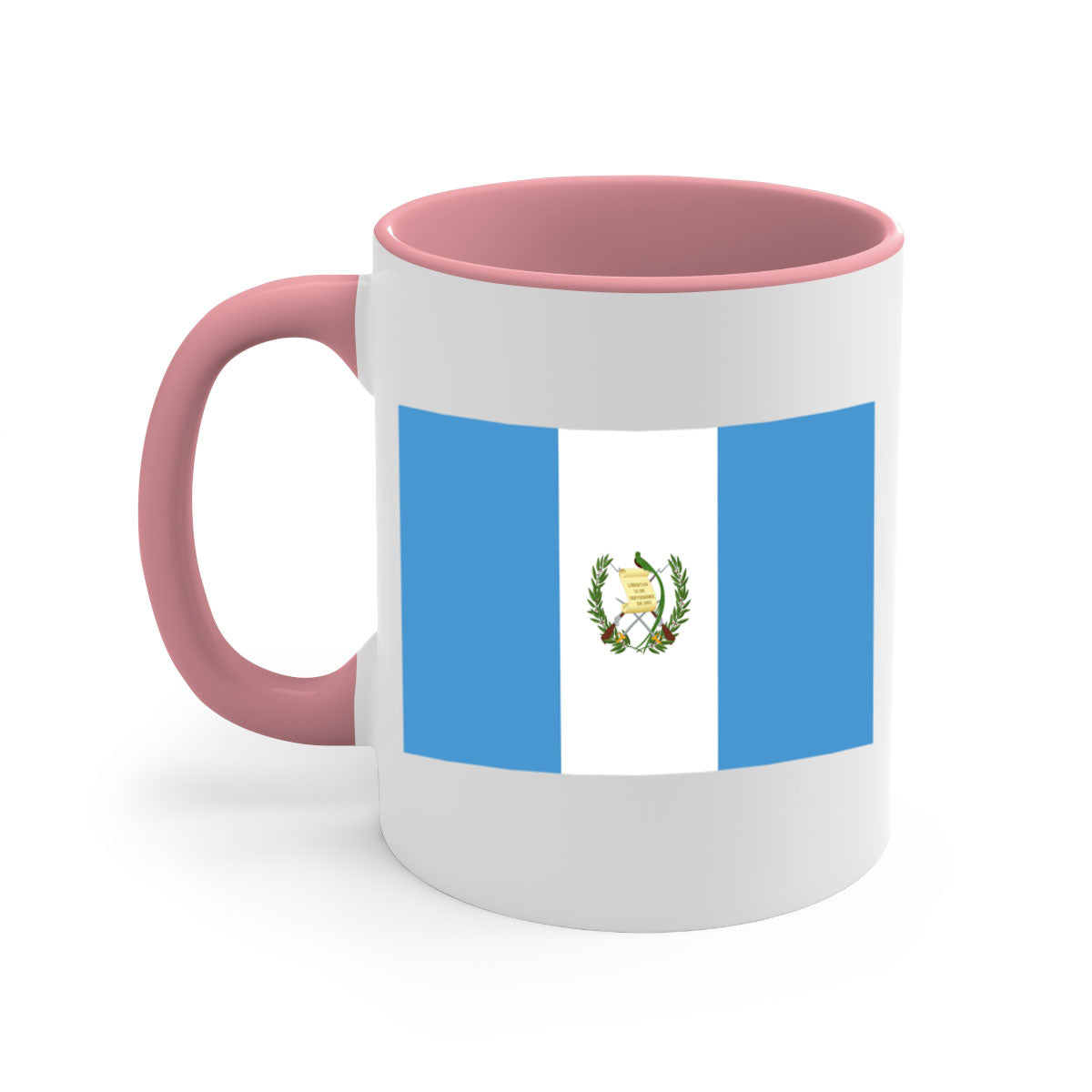 Guatemala 129# Mug featuring a glossy finish and colorful handle, available in multiple sizes.