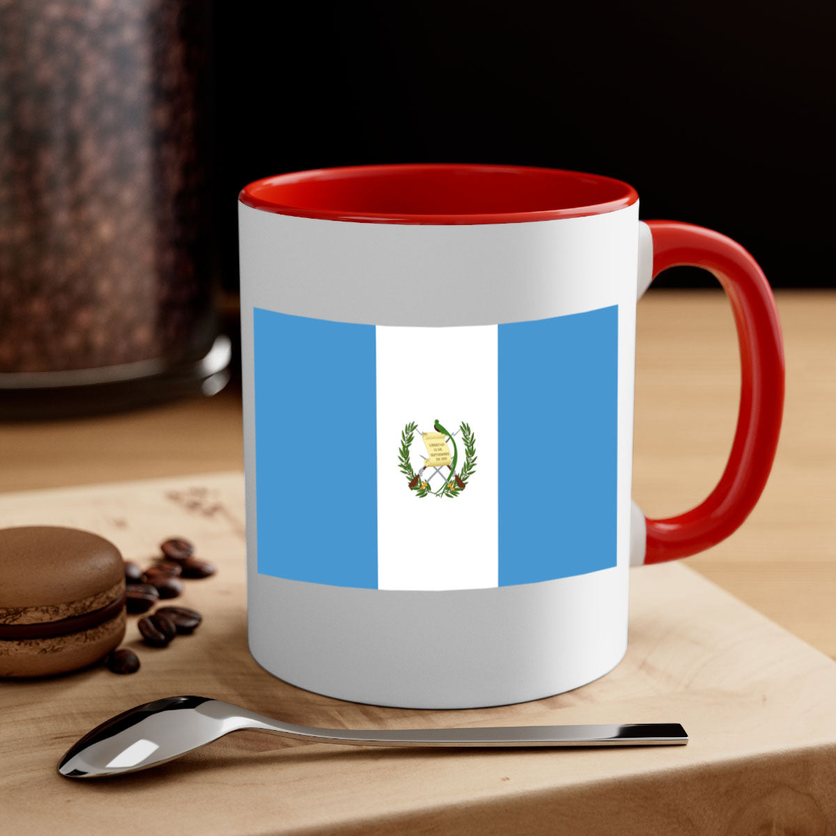 Guatemala 129# Mug featuring a glossy finish and colorful handle, available in multiple sizes.