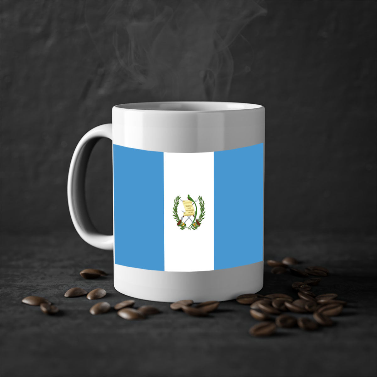 Guatemala 129# Mug featuring a glossy finish and colorful handle, available in multiple sizes.