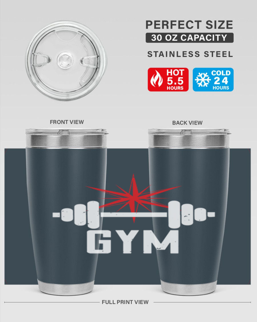 gym 94# Tumbler in stainless steel with a drink-thru lid, showcasing its sleek design and double wall insulation.