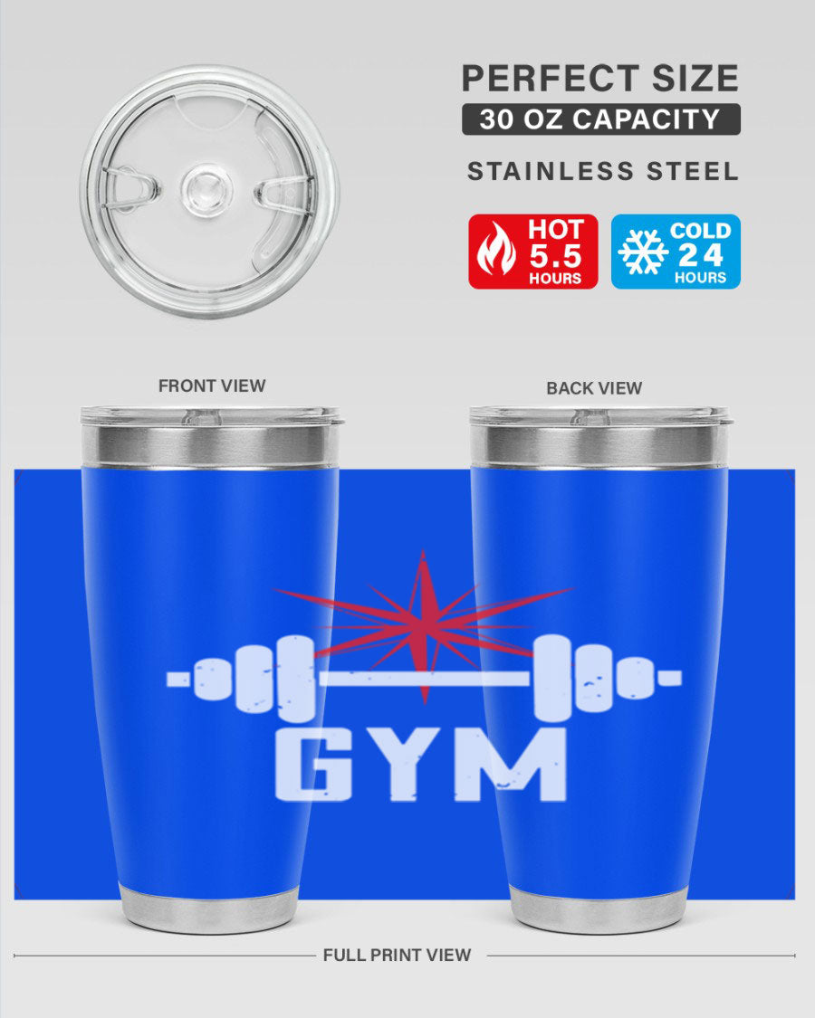 gym 94# Tumbler in stainless steel with a drink-thru lid, showcasing its sleek design and double wall insulation.