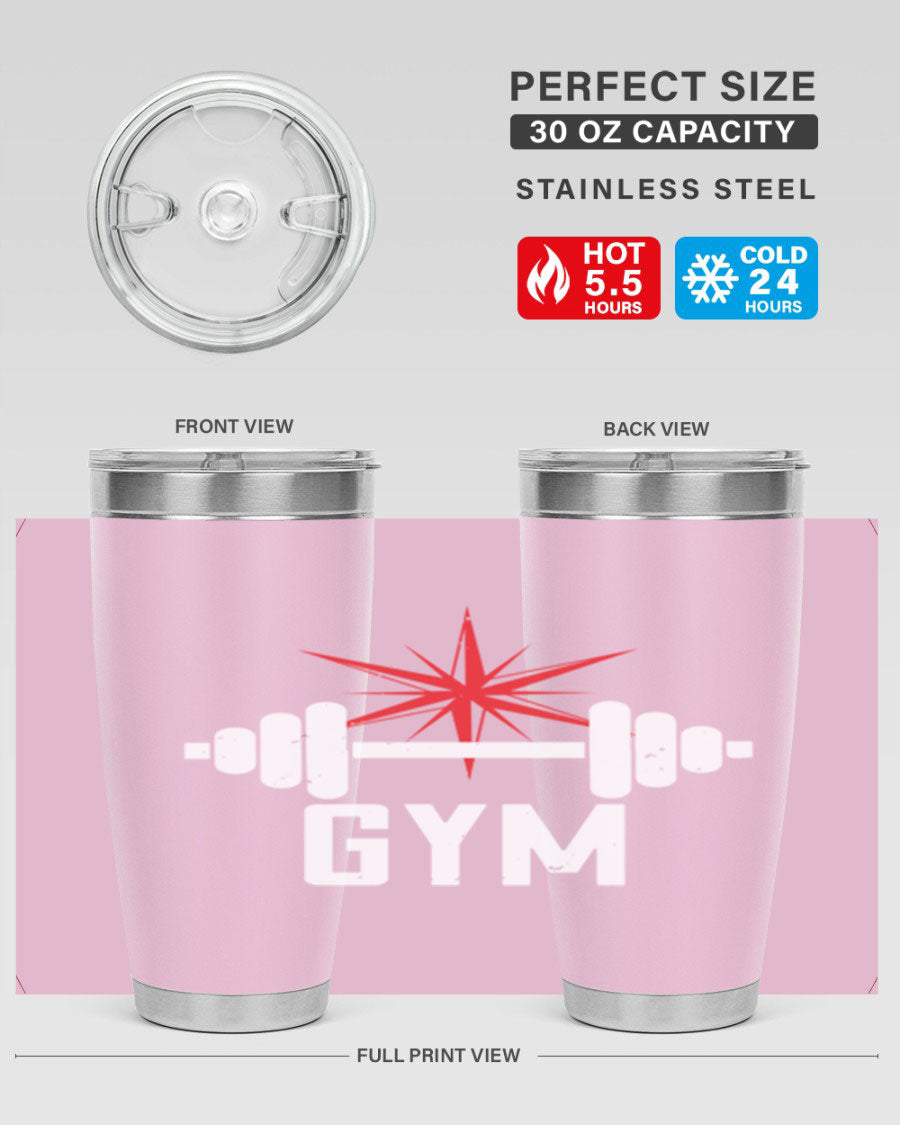 gym 94# Tumbler in stainless steel with a drink-thru lid, showcasing its sleek design and double wall insulation.