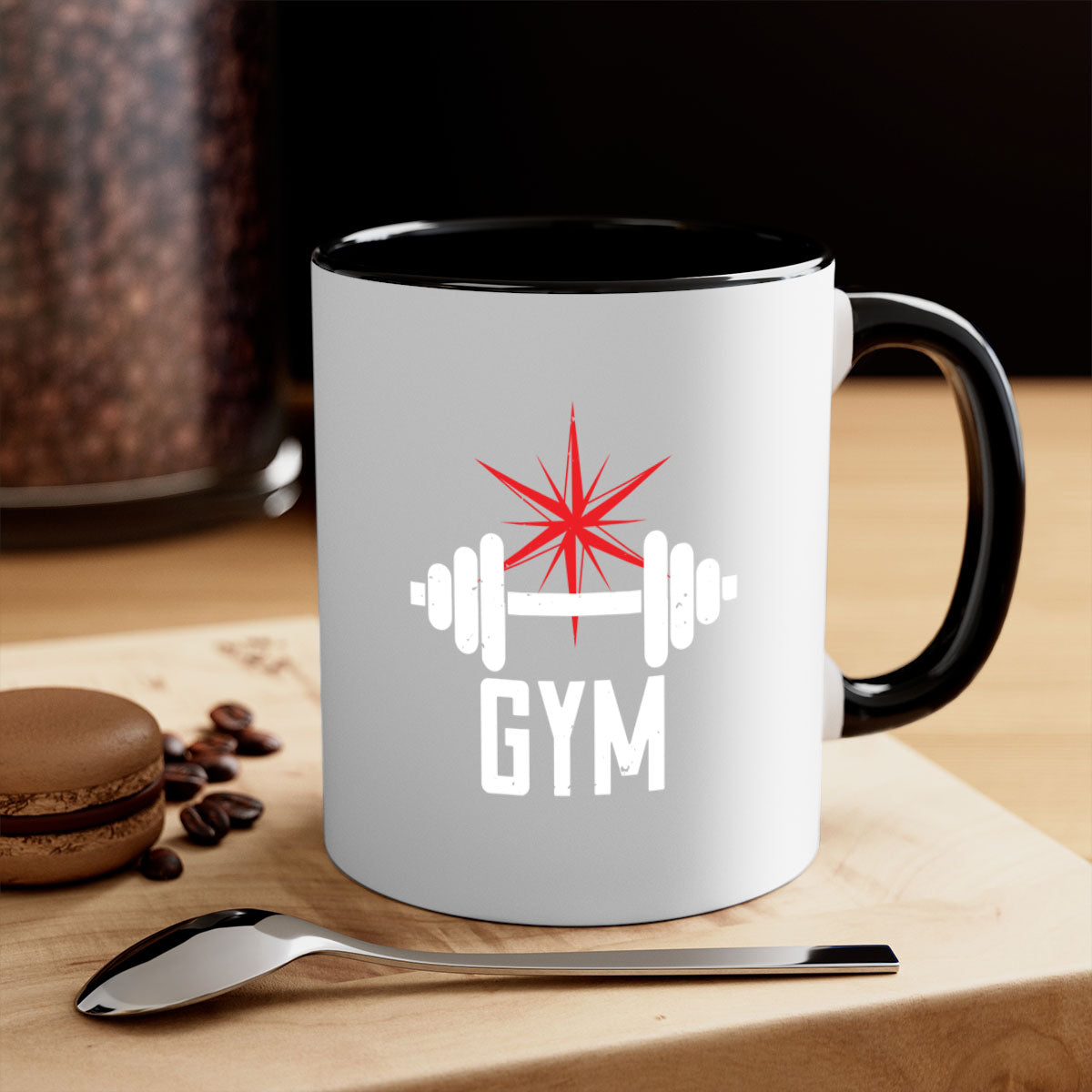 A stylish gym 94# Mug with a glossy finish, featuring a colored handle and interior, available in multiple colors.