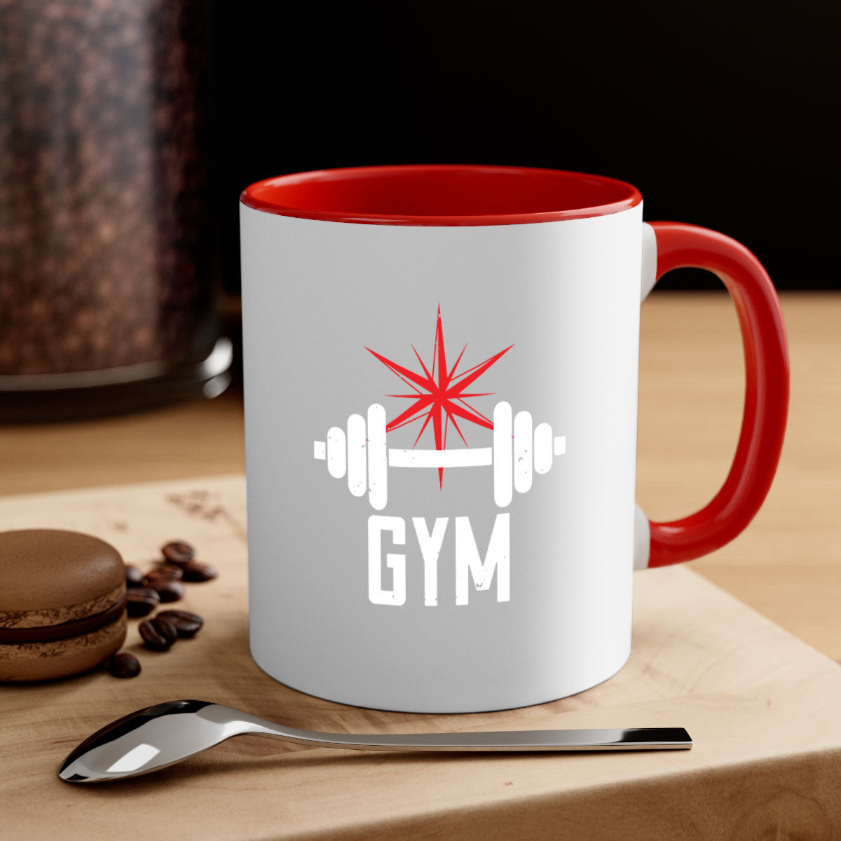 A stylish gym 94# Mug with a glossy finish, featuring a colored handle and interior, available in multiple colors.