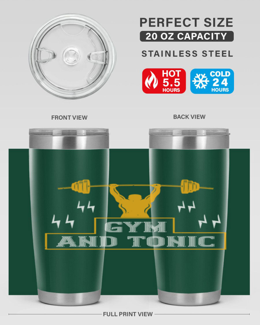 Gym and Tonic 20oz Tumbler in stainless steel with a drink-thru lid, showcasing its sleek design and double wall vacuum insulation.
