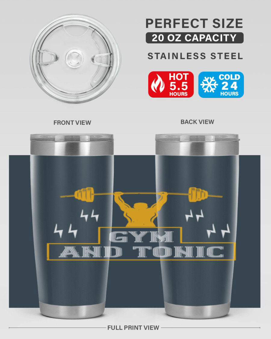 Gym and Tonic 20oz Tumbler in stainless steel with a drink-thru lid, showcasing its sleek design and double wall vacuum insulation.