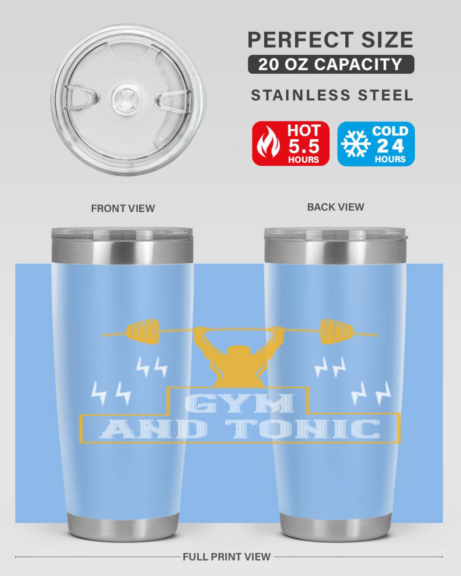 Gym and Tonic 20oz Tumbler in stainless steel with a drink-thru lid, showcasing its sleek design and double wall vacuum insulation.