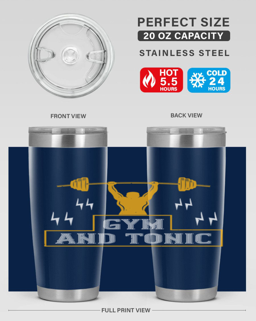 Gym and Tonic 20oz Tumbler in stainless steel with a drink-thru lid, showcasing its sleek design and double wall vacuum insulation.