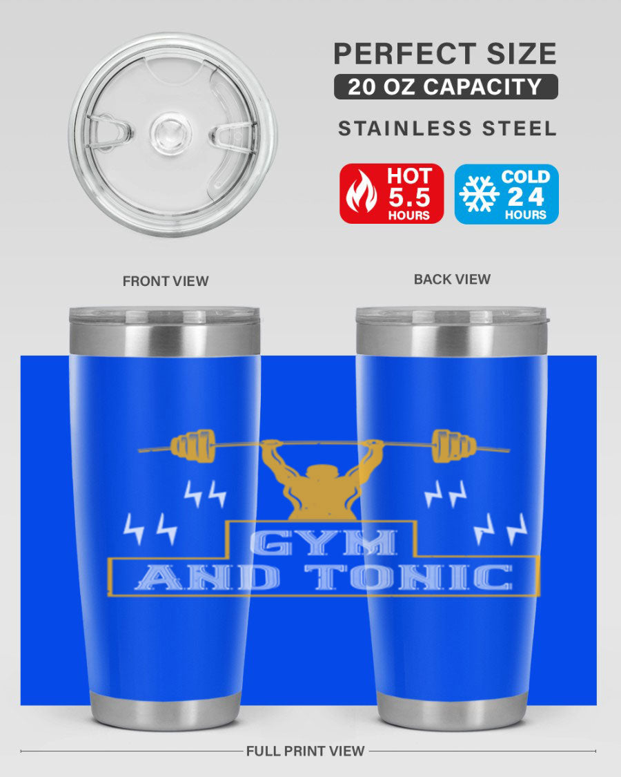 Gym and Tonic 20oz Tumbler in stainless steel with a drink-thru lid, showcasing its sleek design and double wall vacuum insulation.