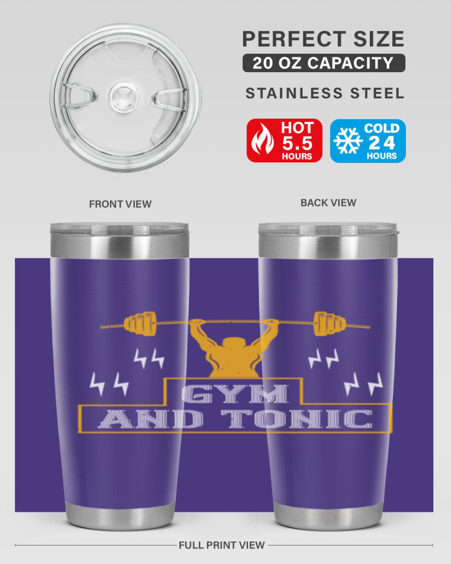 Gym and Tonic 20oz Tumbler in stainless steel with a drink-thru lid, showcasing its sleek design and double wall vacuum insulation.