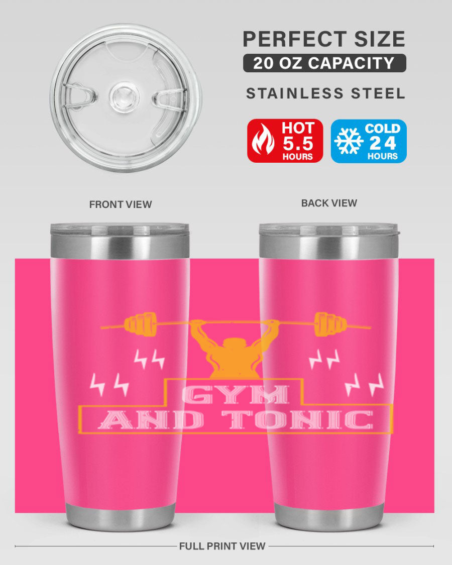 Gym and Tonic 20oz Tumbler in stainless steel with a drink-thru lid, showcasing its sleek design and double wall vacuum insulation.