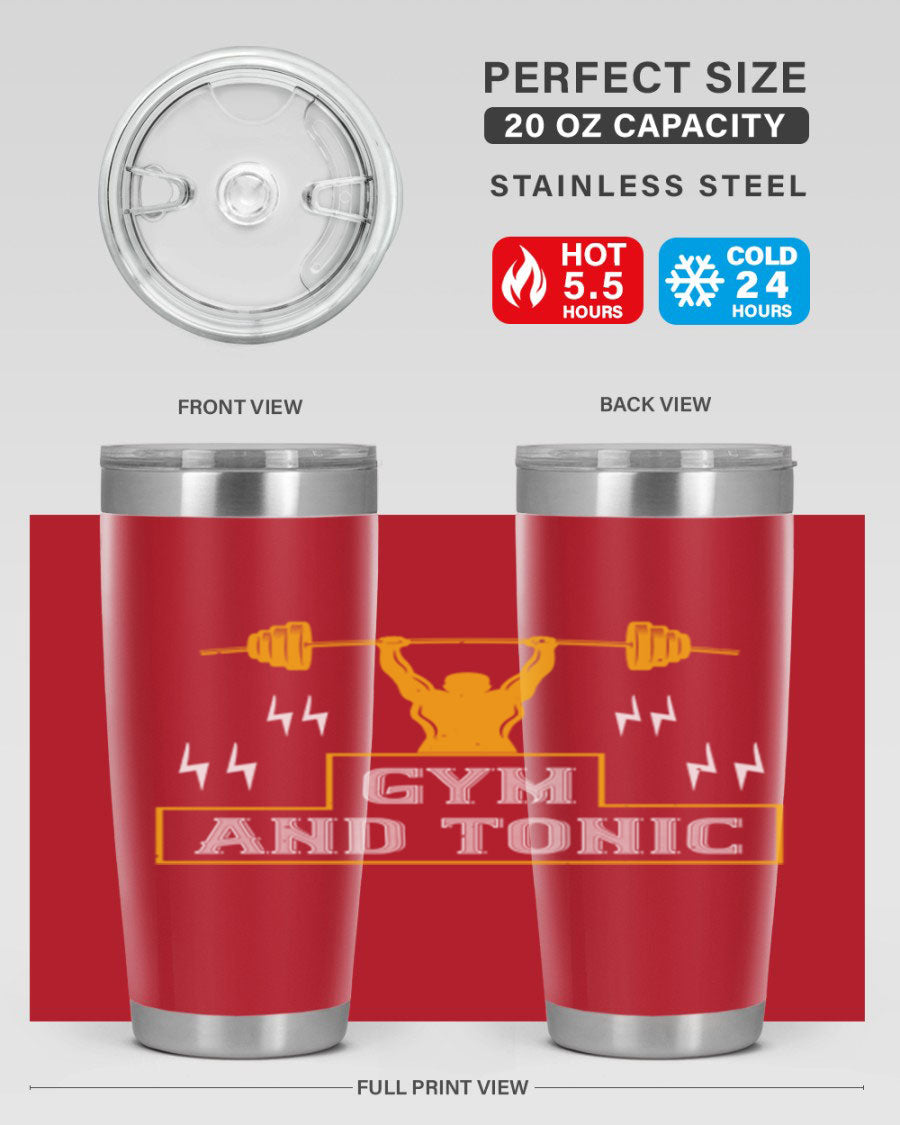 Gym and Tonic 20oz Tumbler in stainless steel with a drink-thru lid, showcasing its sleek design and double wall vacuum insulation.