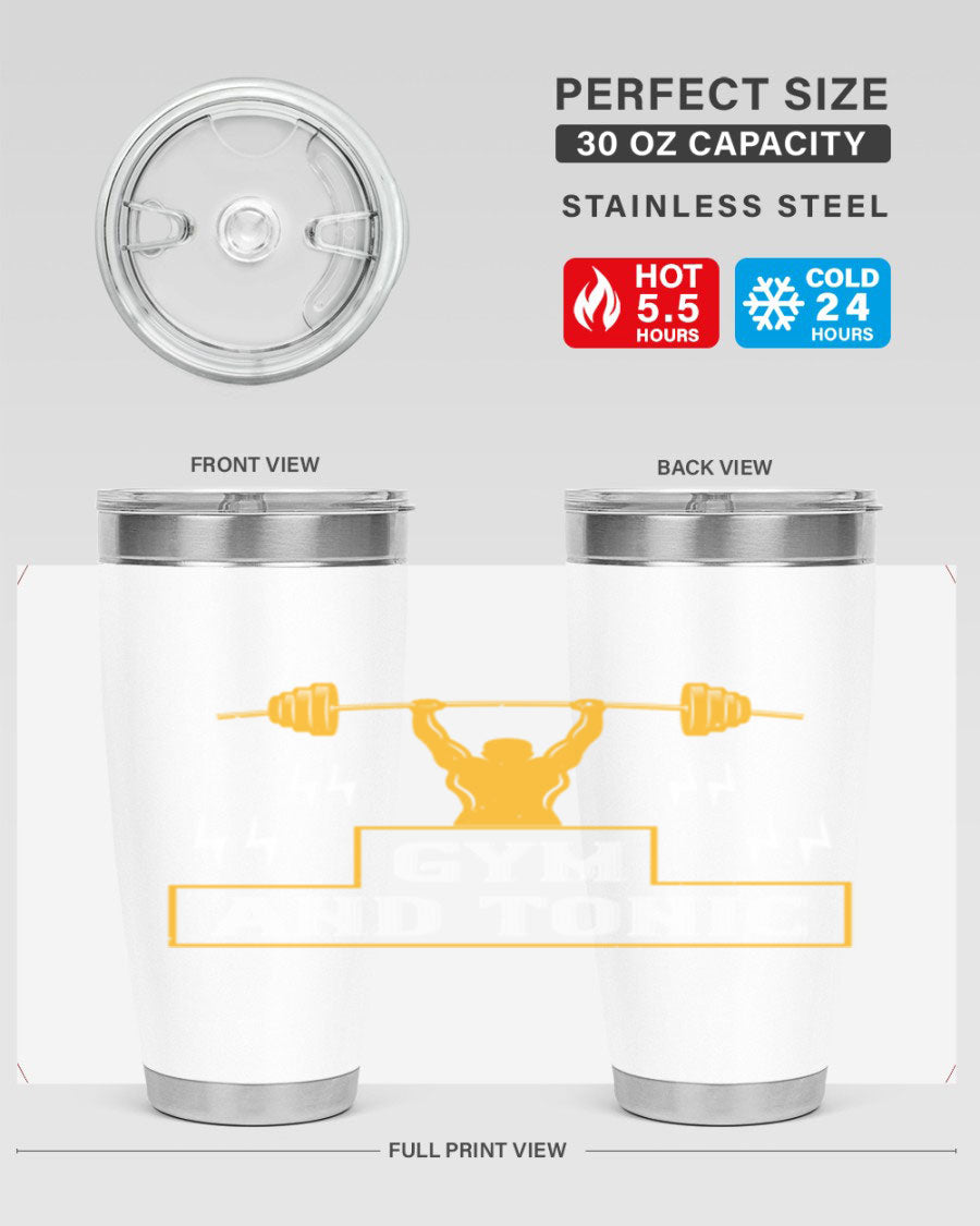 Gym and Tonic 20oz Tumbler in stainless steel with a drink-thru lid, showcasing its sleek design and double wall vacuum insulation.