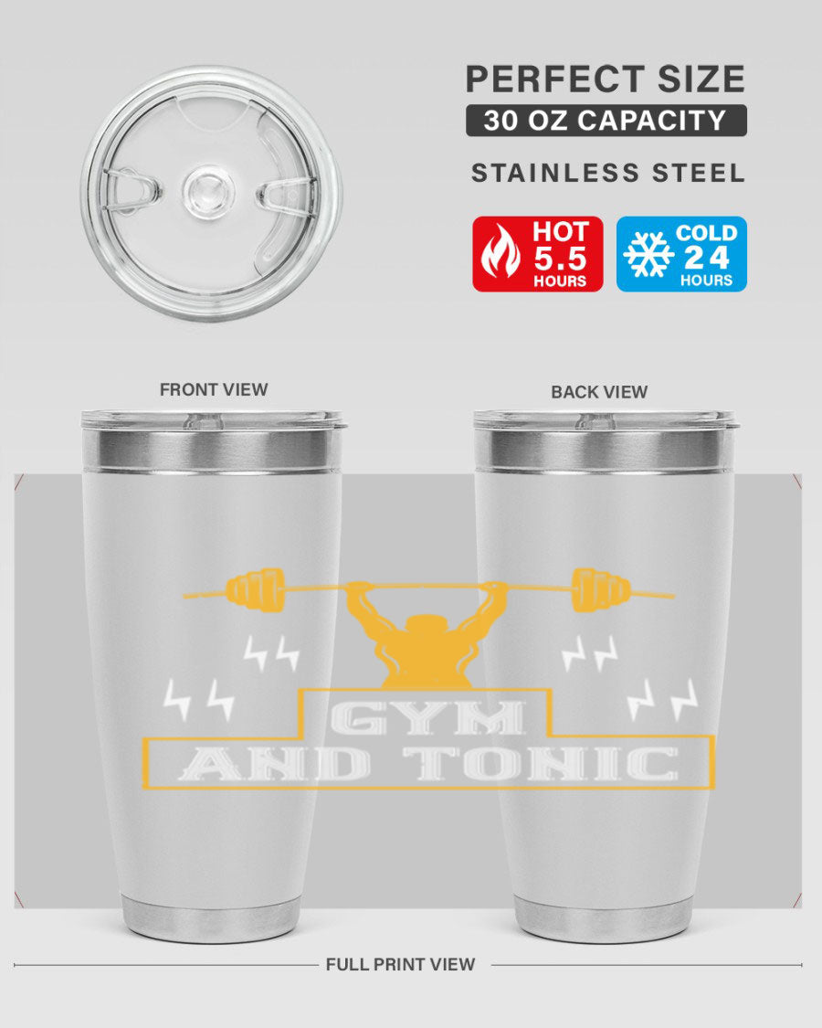 Gym and Tonic 20oz Tumbler in stainless steel with a drink-thru lid, showcasing its sleek design and double wall vacuum insulation.