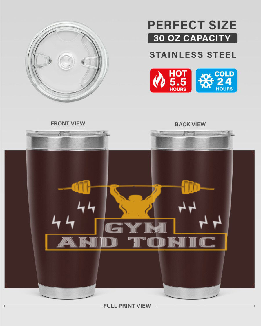 Gym and Tonic 20oz Tumbler in stainless steel with a drink-thru lid, showcasing its sleek design and double wall vacuum insulation.