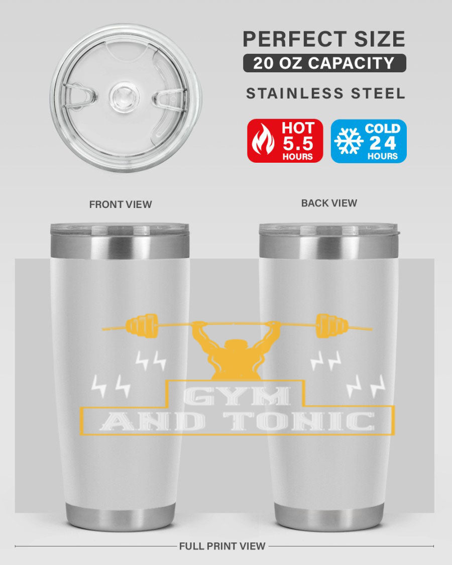 Gym and Tonic 20oz Tumbler in stainless steel with a drink-thru lid, showcasing its sleek design and double wall vacuum insulation.