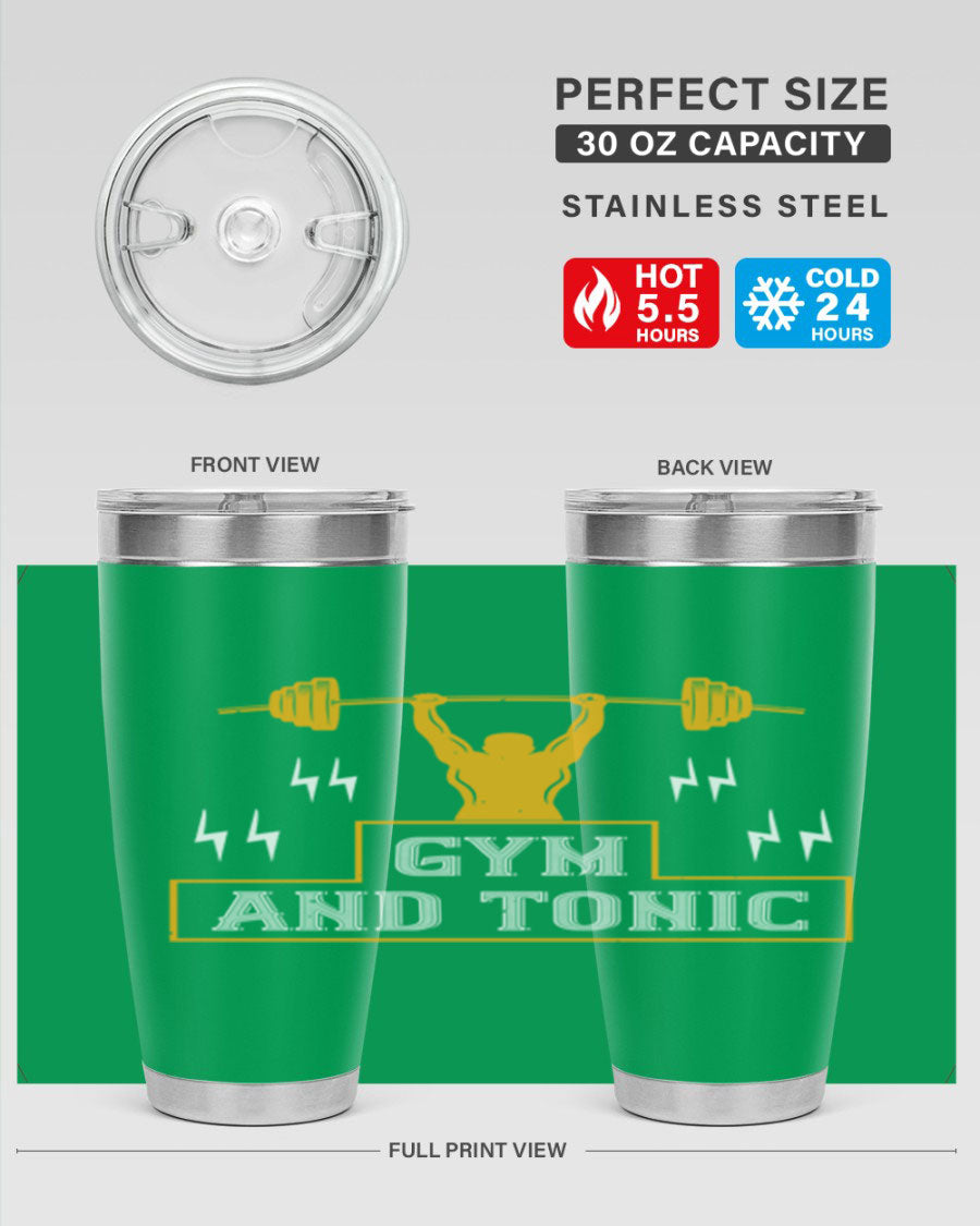 Gym and Tonic 20oz Tumbler in stainless steel with a drink-thru lid, showcasing its sleek design and double wall vacuum insulation.