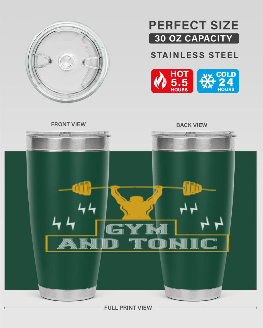 Gym and Tonic 20oz Tumbler in stainless steel with a drink-thru lid, showcasing its sleek design and double wall vacuum insulation.