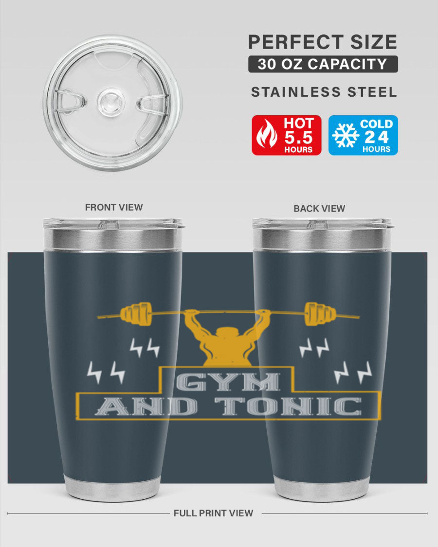Gym and Tonic 20oz Tumbler in stainless steel with a drink-thru lid, showcasing its sleek design and double wall vacuum insulation.