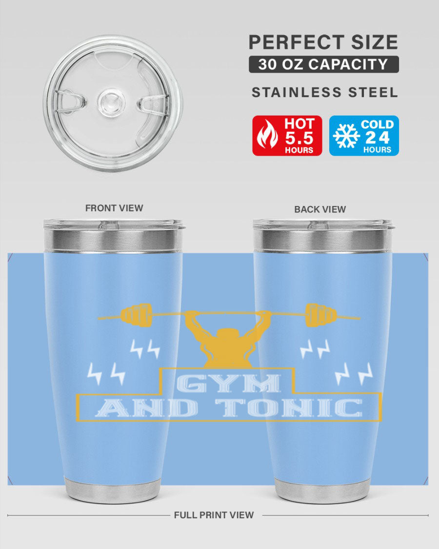 Gym and Tonic 20oz Tumbler in stainless steel with a drink-thru lid, showcasing its sleek design and double wall vacuum insulation.