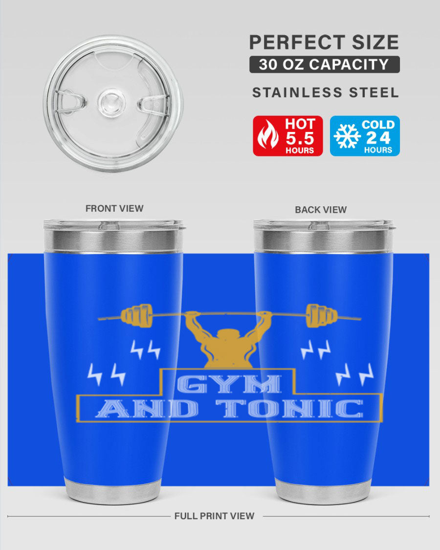 Gym and Tonic 20oz Tumbler in stainless steel with a drink-thru lid, showcasing its sleek design and double wall vacuum insulation.
