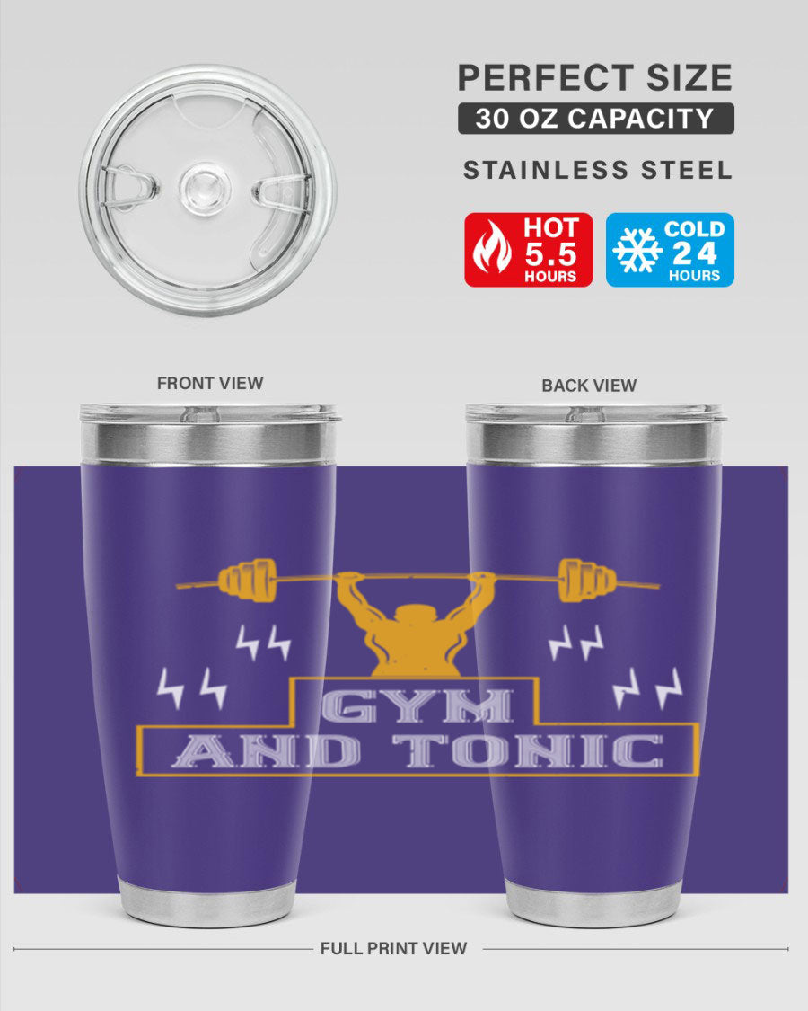 Gym and Tonic 20oz Tumbler in stainless steel with a drink-thru lid, showcasing its sleek design and double wall vacuum insulation.