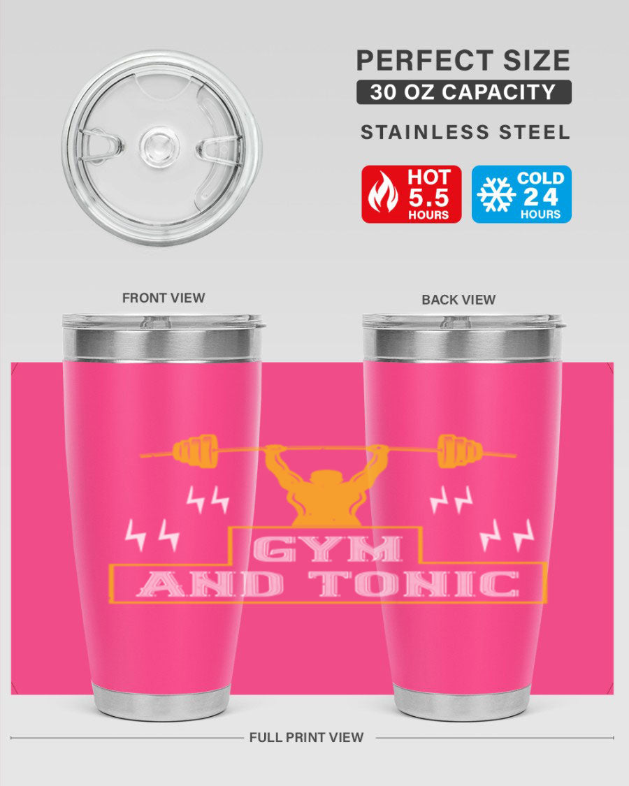 Gym and Tonic 20oz Tumbler in stainless steel with a drink-thru lid, showcasing its sleek design and double wall vacuum insulation.