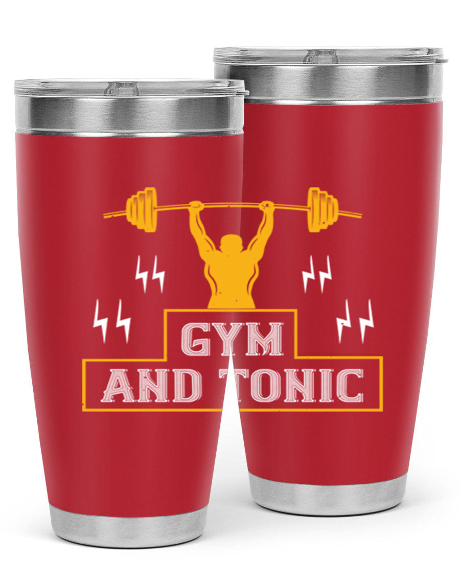 Gym and Tonic 20oz Tumbler in stainless steel with a drink-thru lid, showcasing its sleek design and double wall vacuum insulation.