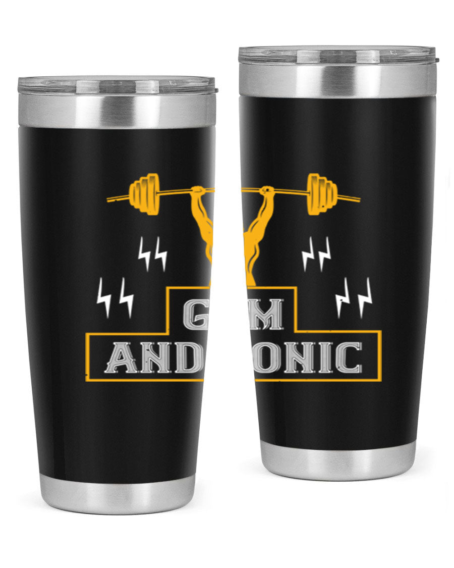 Gym and Tonic 20oz Tumbler in stainless steel with a drink-thru lid, showcasing its sleek design and double wall vacuum insulation.