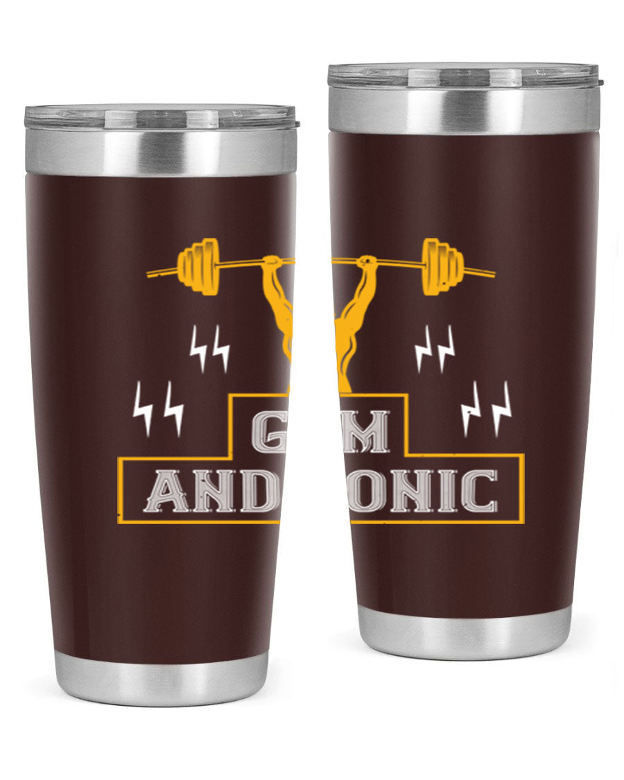 Gym and Tonic 20oz Tumbler in stainless steel with a drink-thru lid, showcasing its sleek design and double wall vacuum insulation.