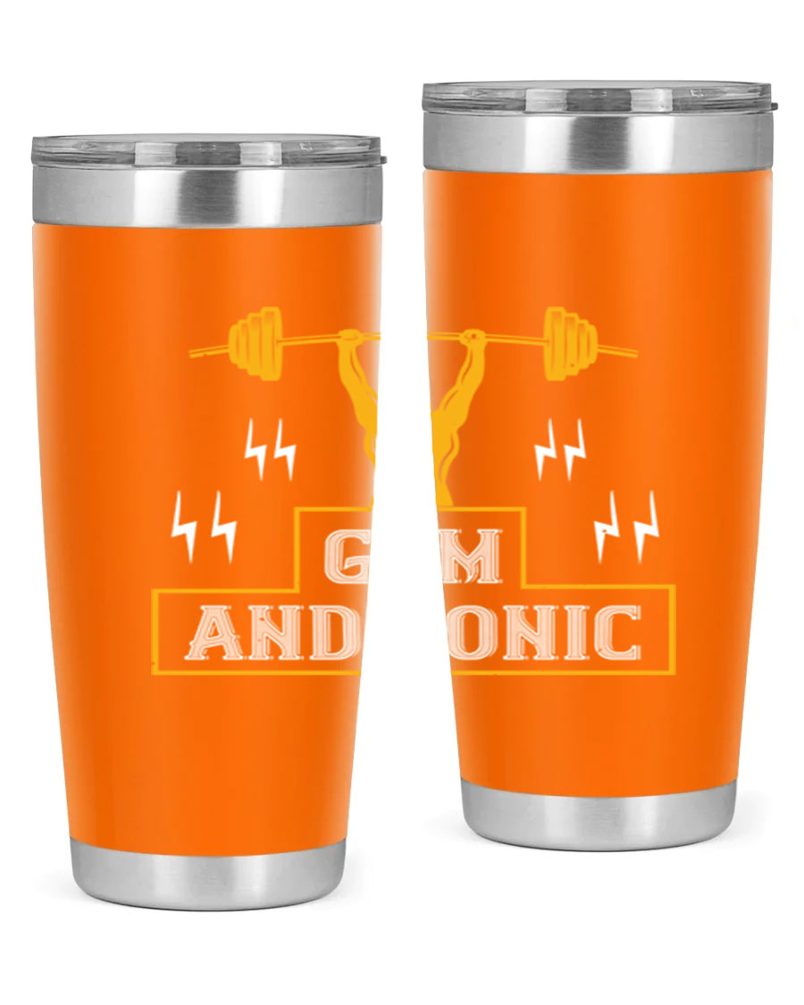 Gym and Tonic 20oz Tumbler in stainless steel with a drink-thru lid, showcasing its sleek design and double wall vacuum insulation.