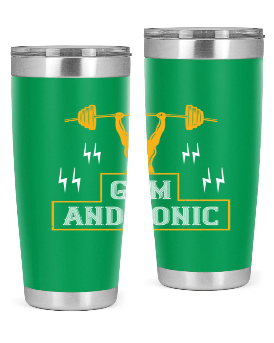Gym and Tonic 20oz Tumbler in stainless steel with a drink-thru lid, showcasing its sleek design and double wall vacuum insulation.