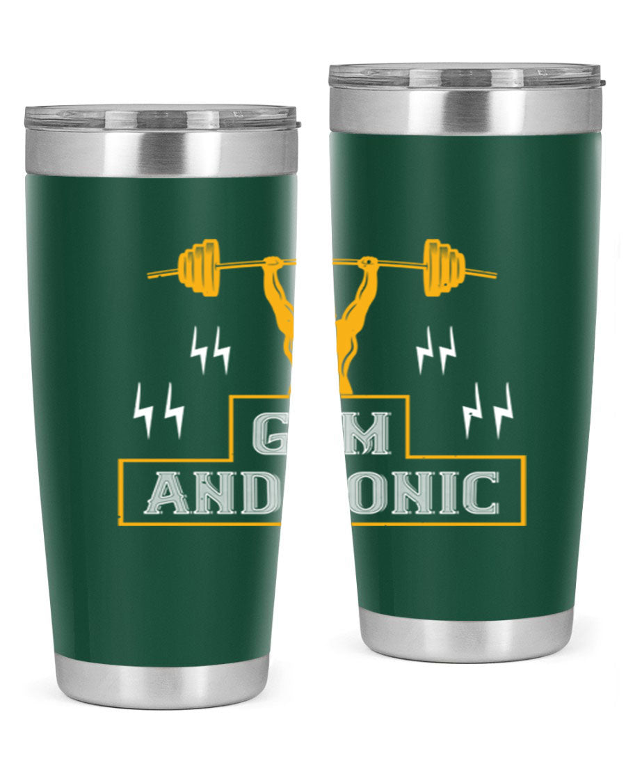 Gym and Tonic 20oz Tumbler in stainless steel with a drink-thru lid, showcasing its sleek design and double wall vacuum insulation.