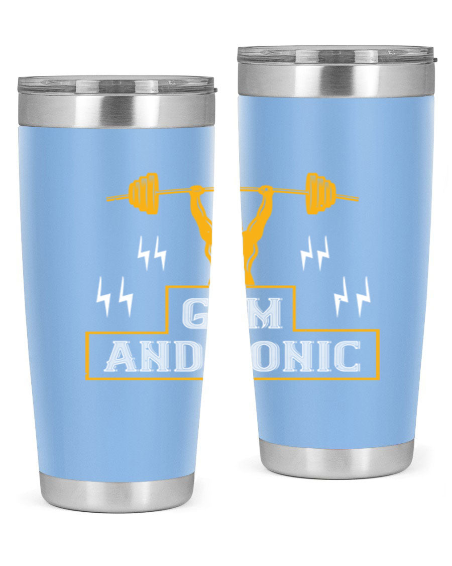 Gym and Tonic 20oz Tumbler in stainless steel with a drink-thru lid, showcasing its sleek design and double wall vacuum insulation.